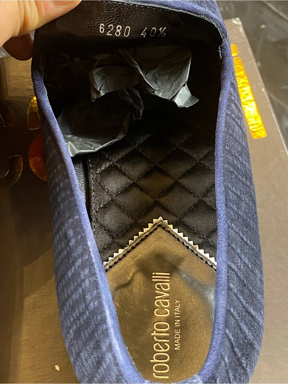 Roberto Cavalli Navy Textured Velvet Slip-On Loafers with Metallic Crest.
